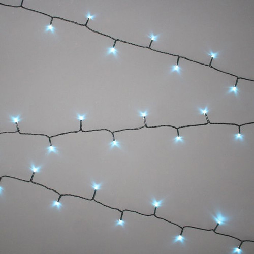 Ice blue LED string lights with green cable displayed in parallel strands against a light grey background, ideal for Christmas trees, festive decorations and indoor or outdoor use.