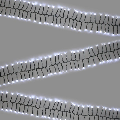 White LED cluster Christmas lights arranged in long strands on a green cable, providing a bright cool white glow for indoor and outdoor festive displays.