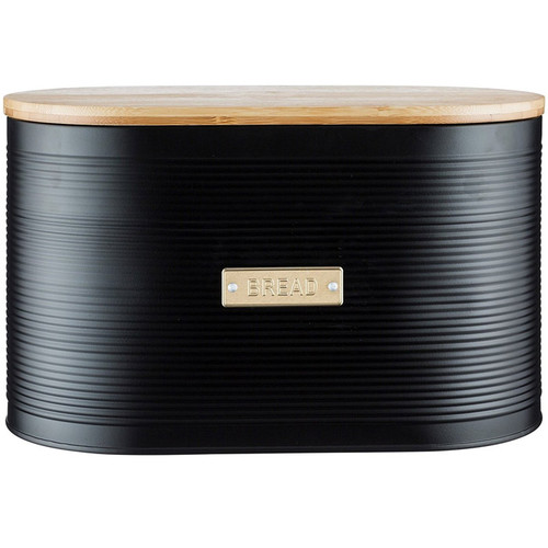 Typhoon black ribbed bread bin with a bamboo lid and gold-tone BREAD label for stylish kitchen storage.