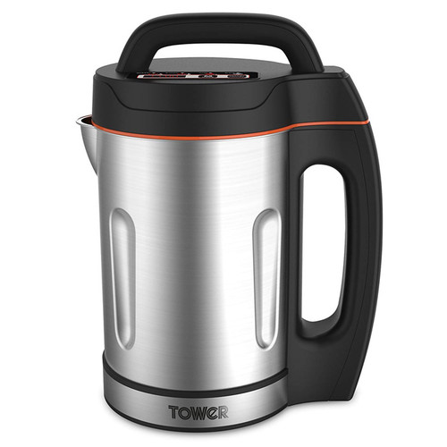 Tower stainless steel soup maker with black handle, lid and control panel for preparing homemade soups.