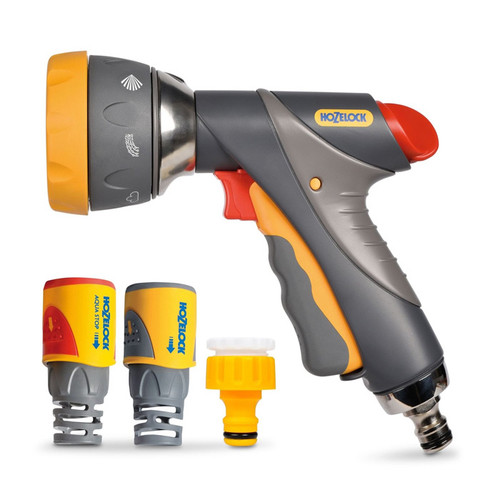 Hozelock Multi Spray Pro garden spray gun with multiple spray patterns, trigger control and hose connectors.
