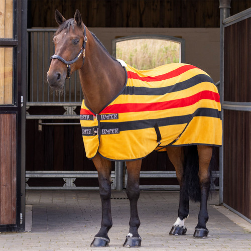 Bay horse wearing a yellow, red and black striped Tempest Original fleece cooler rug, standing in a stable yard with adjustable front fastenings and surcingles visible.