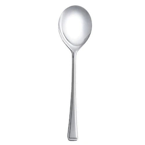 Polished stainless steel dessert spoon with a gently tapered handle and rounded bowl, displayed on a white background.