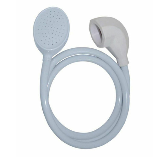 White handheld shower spray with a round perforated shower head, flexible hose and tap connector for convenient bath or sink use.