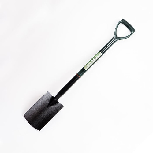 Long-handled garden digging spade with a black steel blade, dark shaft and green D-grip handle on a white background.