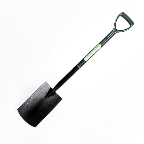 Long-handled garden digging spade with a black steel blade, dark shaft and green D-grip handle on a white background.