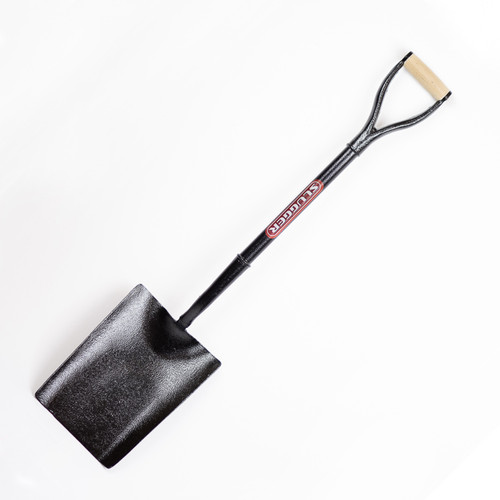 Heavy-duty garden digging spade with black steel blade and shaft, plus a D-grip handle with wooden hand grip.