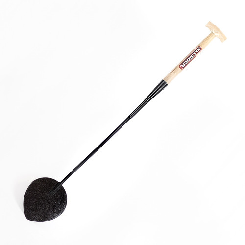 Long-handled garden hoe with wooden T-grip, black metal shaft and round steel blade for weeding and cultivating soil.