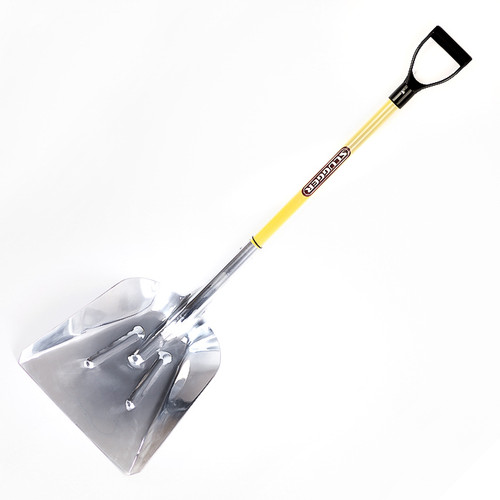 Heavy-duty aluminium snow shovel with wide metal blade, yellow shaft and black D-grip handle.
