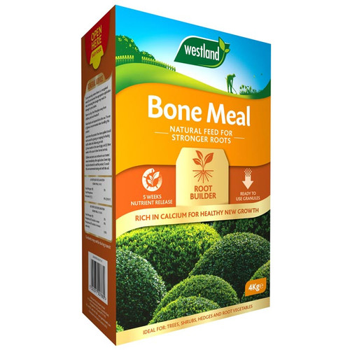 Westland Bone Meal natural plant food in a 4kg box, enriched with calcium to support strong roots and healthy plant growth.