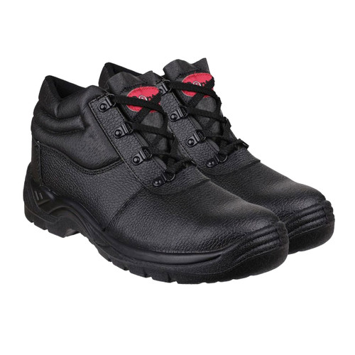 Pair of black textured leather safety boots with padded ankle support, lace-up fastening, and durable slip-resistant soles.