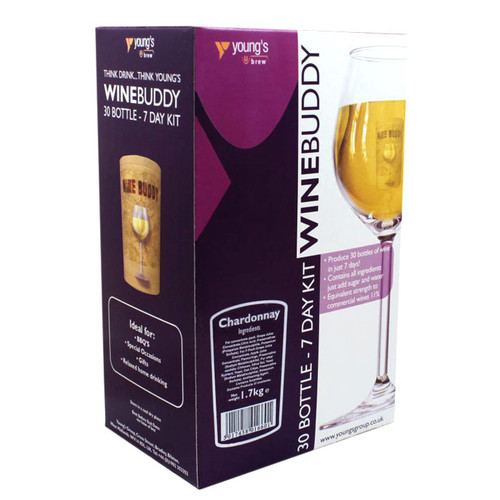 Young’s WineBuddy Chardonnay 7-day wine kit box for making up to 30 bottles of homemade white wine.
