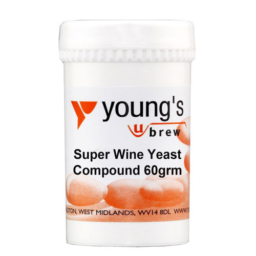 Young’s Super Wine Yeast Compound 60g tub, formulated for home winemaking and fermentation.