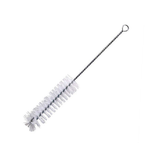 Young's nylon bottle brush with flexible wire handle, hanging loop and white bristles for cleaning bottles, jars and narrow containers.