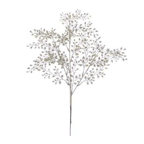 A champagne coloured glittering spray with small leaves, against a white background.