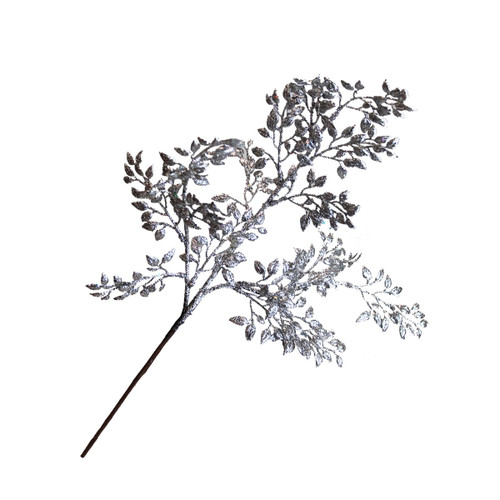 Silver glitter foliage spray with shimmering leaves and delicate branching stems, perfect for Christmas trees, wreaths, garlands and festive floral arrangements.
