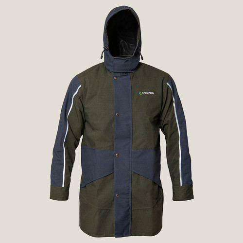 Heavy-duty jacket in olive green and navy, features a hood and zip closure. The design is practical and rugged, suitable for outdoor use.