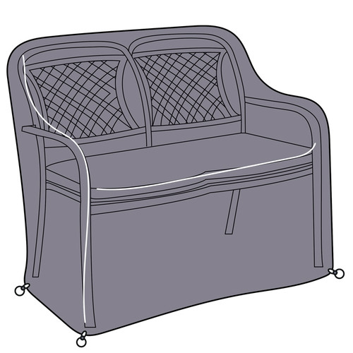 An illustrated protective cover fitted over a two-seater outdoor garden bench, showing a full-length weatherproof design with drawstring fastenings at the base.