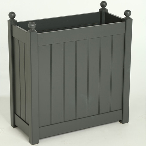Charcoal-coloured garden planter with slatted panels and ball finials on the corner posts, shown on a plain background.