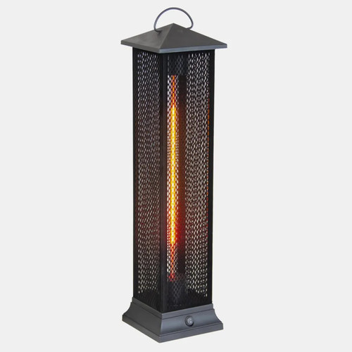 A tall patio heater in grey with a mesh cover.