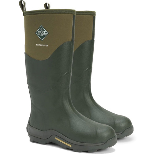 A pair of tall green Muck Boot Muckmaster wellingtons with brown neoprene uppers and rugged outsoles.