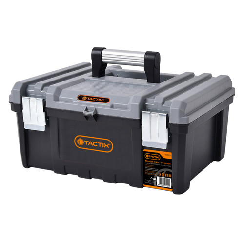 Grey and black plastic toolbox labelled "TACTIX" with a sturdy silver handle and two metal latches. The design conveys durability and utility.