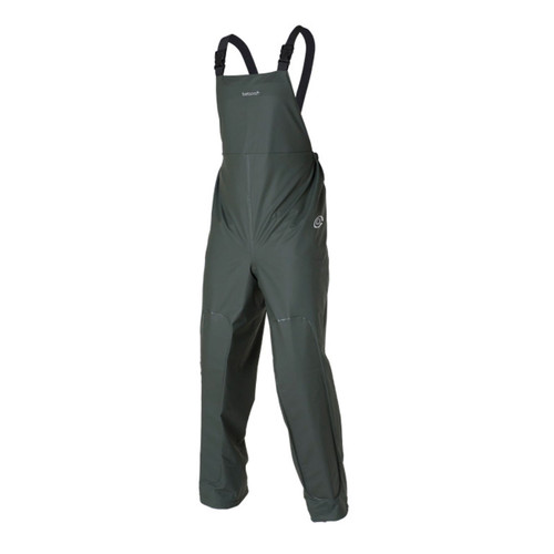Dark green waterproof bib overtrousers with adjustable black straps on a white background. They have reinforced knees and a minimalist, utilitarian design.