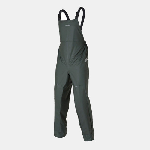 Dark green waterproof bib overtrousers with adjustable black straps on a white background. They have reinforced knees and a minimalist, utilitarian design.