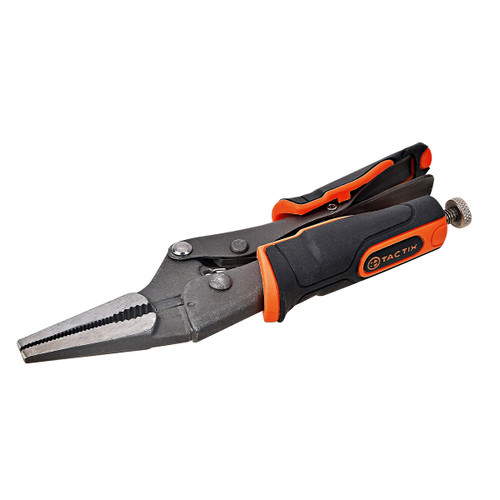 Close-up of a black and orange TACTIX multifunctional plier with textured grips and a metallic body, conveying a sense of precision and durability.