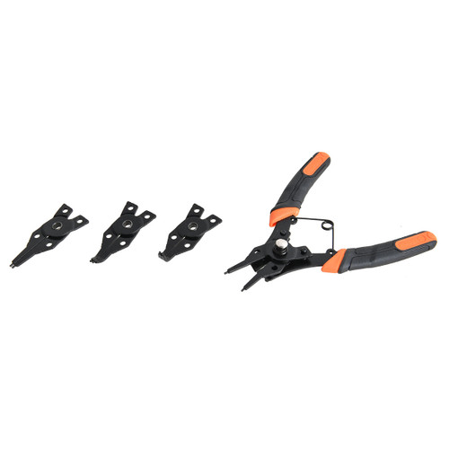 Black pliers with orange handles and three interchangeable heads on a white background, used for various snap ring removals and installations.