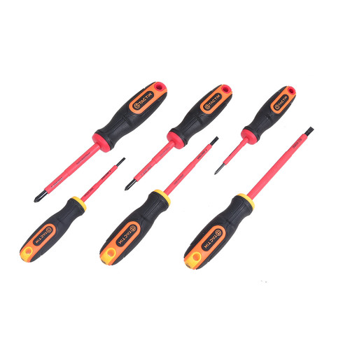 Set of six insulated screwdrivers with red shafts and black handles. Each handle has an orange logo. Tools are arranged in a zigzag layout.