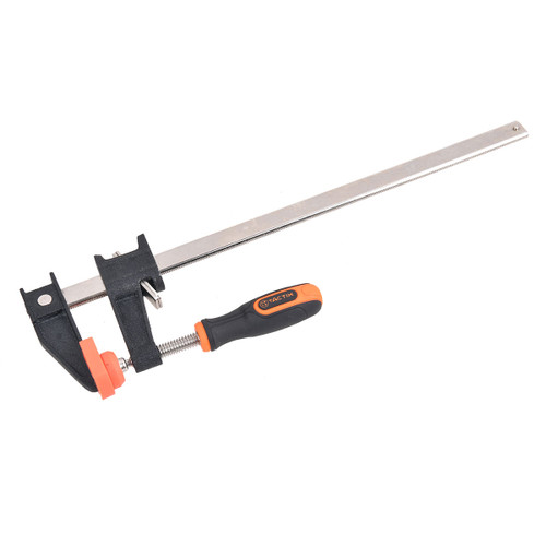 A metal bar clamp with a black and orange handle lying on a white background. The clamp is open, showcasing its adjustable jaws and sturdy build.