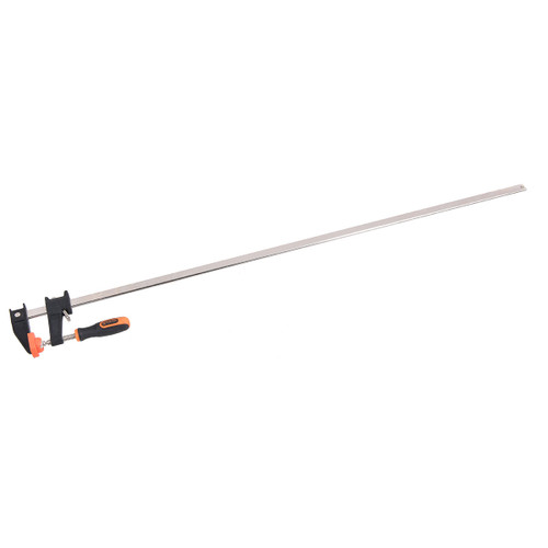 A long metal bar clamp with a black and orange handle is shown against a white background. The tool is used for woodworking or metalworking.