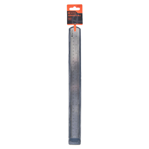 Clear plastic ruler in packaging, measuring 12 inches (300mm). It has a red and black label at the top. The design is functional and straightforward.