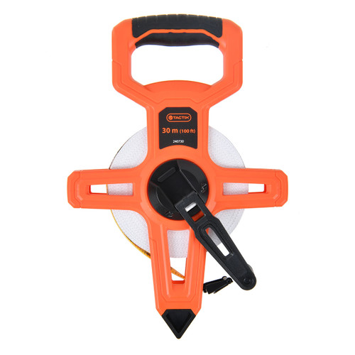 Bright orange measuring tape reel with a black handle, marked 30 meters (100 ft). The bold design conveys durability and precision, ideal for construction.