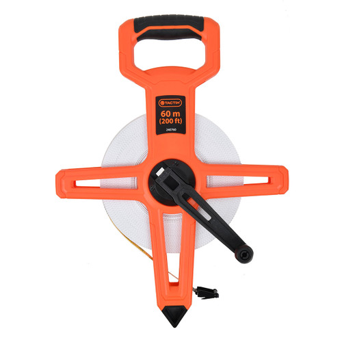 Bright orange measuring tape reel with a handle, marked 60m (200ft). Features a black crank and visible tape, conveys durability and functionality.