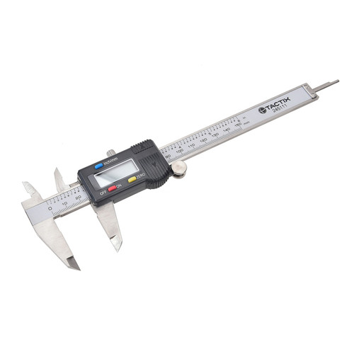 Digital calliper with a metallic ruler and a black electronic display. It measures dimensions precisely, reflecting a professional, technical tone.