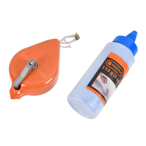 An orange chalk line reel with a metallic handle next to a blue-capped bottle of chalk powder. The label shows a logo and "113g (4oz)."