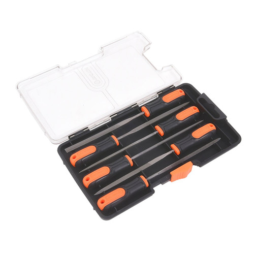 A set of six metal files with orange and black handles in a black plastic case with a clear lid. The case is open, displaying the organized tools.