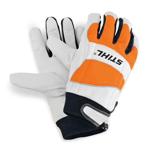 Pair of white and orange protective gloves with black accents, designed for outdoor or work use.