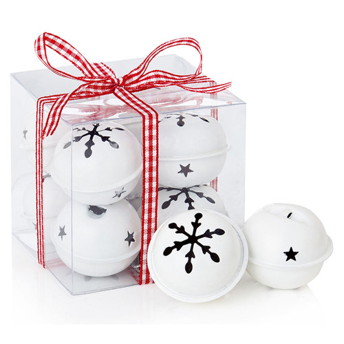 A pack of eight white jingle bells with a snowflake and stars pattern against a white background.