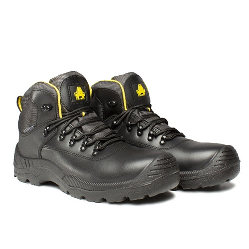 A pair of black waterproof lace-up safety boots with yellow accents, padded collars, and rugged black outsoles, shown at a three-quarter front angle.