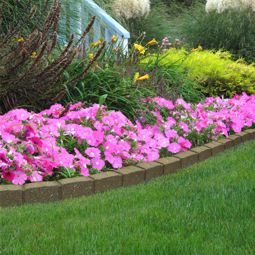 A vibrant garden bed with bright pink flowers along a curved, brick-bordered path. Lush green grass and tall foliage create a serene, colourful landscape.