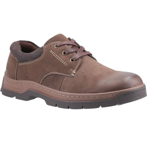Brown leather shoe with a thick rubber sole and dark stitching, featuring laces and a padded collar. The shoe conveys a casual, sturdy appearance.