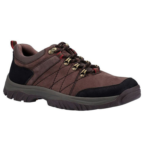 Brown hiking shoe with a rugged design, black accents, sturdy rubber sole, and metal eyelets. Conveys durability and outdoor readiness.