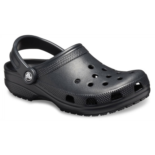 A single black clog with a textured strap, ventilation holes on top, and a round button detail. The shoe has a casual, comfortable appearance.