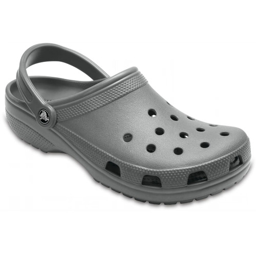 Grey Crocs Classic clog with ventilation holes and adjustable heel strap on a white background.