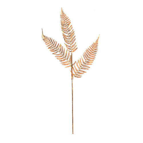 A full length view of a gold stem with three gold fern leaves against a white background.