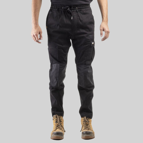 Black CAT men’s dynamic work trousers with elasticated waist, drawcord fastening, reinforced knees and utility pocket on the thigh.