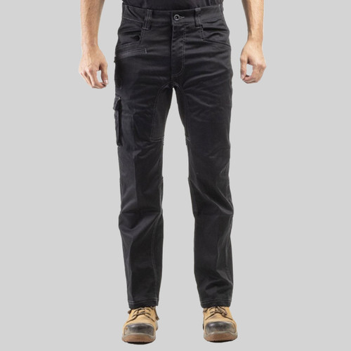 Black CAT Operator Flex work trousers worn front view, featuring multiple utility pockets, straight leg fit and durable fabric